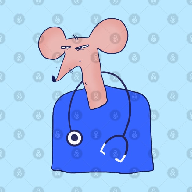 Funny and suspicious skinny rat doctor in blue sweater. by iulistration