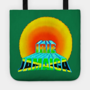 Irie Jamaica in the sun, Rasta colours and Jamaican flag in black green and gold inside the word Jamaica Tote