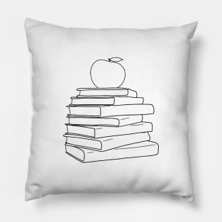 Apple on Book Stack - Red Apple & Black Books Line Art Pillow