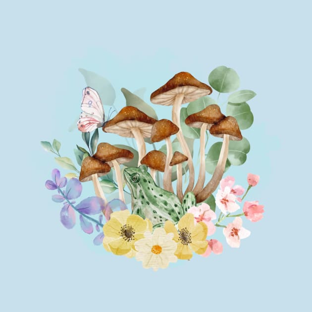 Watercolor Mushroom and Frog Botanical Graphic Tee by Blue Raccoon Creative