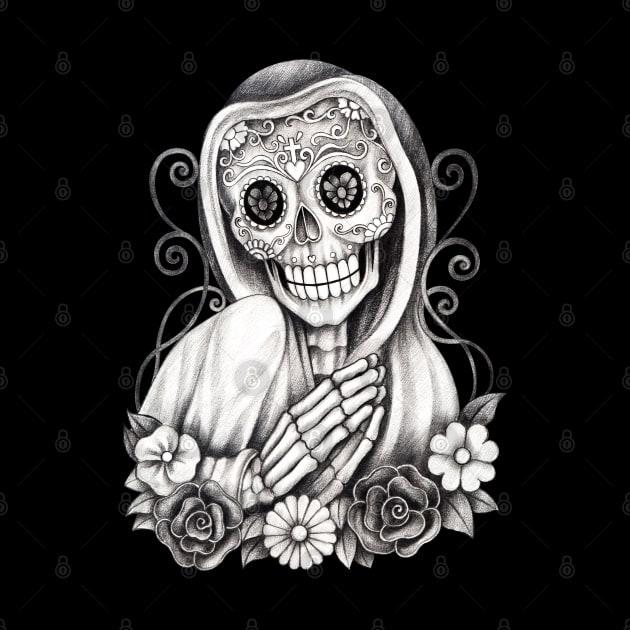 Santa muerte with flowers day of the dead. by Jiewsurreal