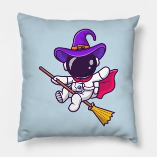 Cute Witch Astronaut Flying With A Magic Broom Cartoon Pillow