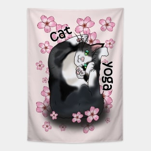 Cute cartoon black and white cat yoga pose in pink flowers Tapestry