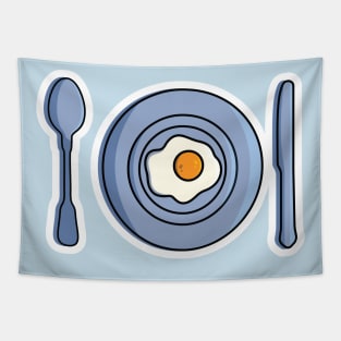 Fried Egg in Plate with Spoon and Knife vector illustration. Breakfast food icon concept. Plate, Spoon and Knife up view on blue background vector design. Tapestry