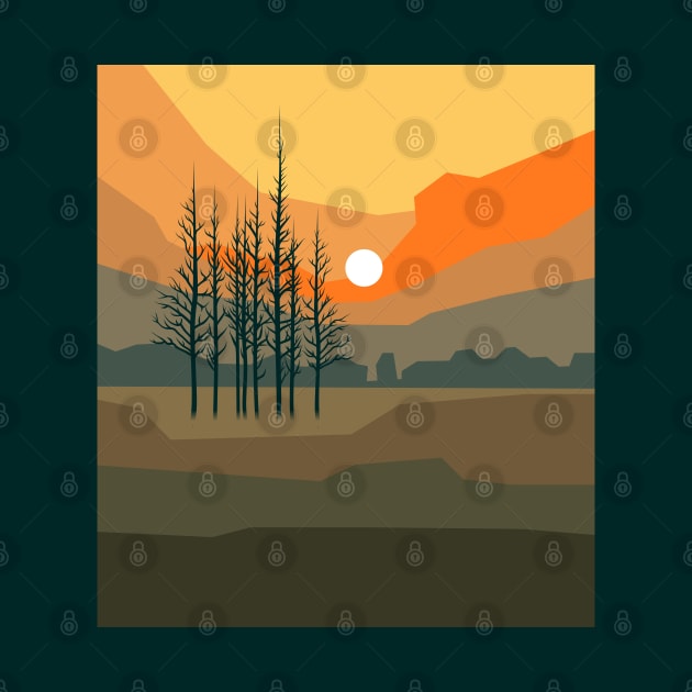 Stunning sunset behind trees in orange bright colors, minimalism style. by BumbleBambooPrints