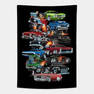 Car Madness! Muscle Cars and Hot Rods Cartoon Tapestry