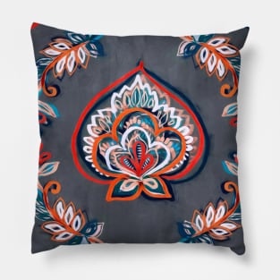 Floral Ogees in Red & Blue on Grey Pillow