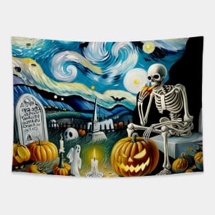 Night at the Cemetery with Skeleton and Pumpkin: Halloween in the style of Van Gogh Tapestry