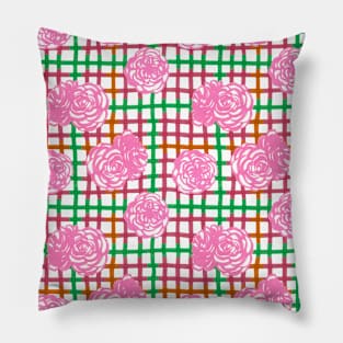 Roses on Plaid Pattern - Green, Pink Pillow