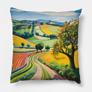 a landscape with a tree and fields Pillow