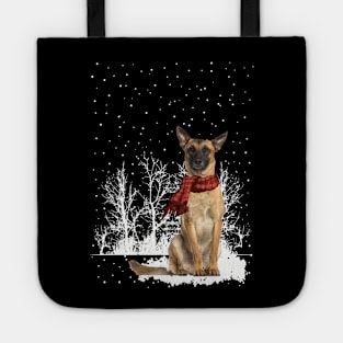 Chistmas Belgian Malinois With Scarf In Winter Forest Tote