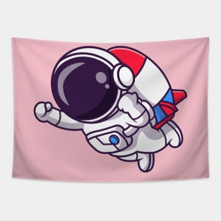 Cute Astronaut Flying With Rocket Cartoon Tapestry