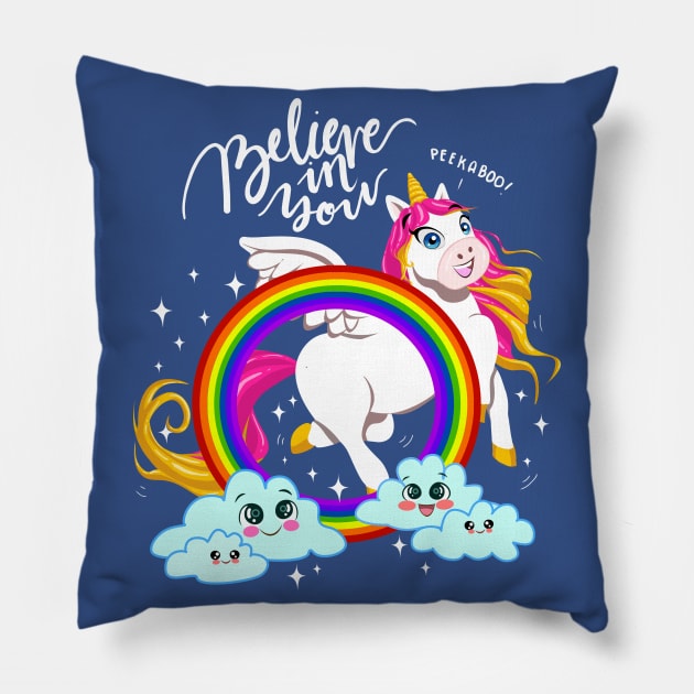 Winged Unicorn Playing Peekaboo Pillow by RAWRTY ANIMALS