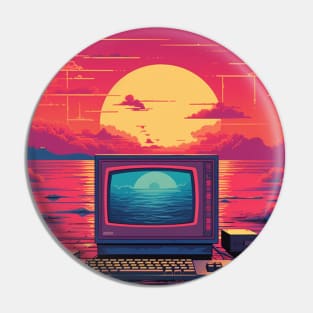 Retro Futuristic Computer Synthwave Sun Pin