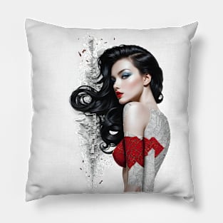 Windswept Elegance: Portrait of a Woman with Flowing Hair Pillow