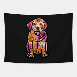 Dogs dog, Labrador retriever in flowers- doggie floral  cute Golden Labrador retriever puppy dog in winter beanie hat Tapestry