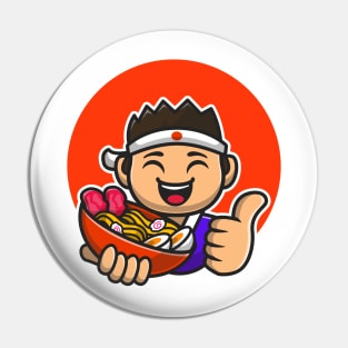 Happy Male Chef Holding Ramen Noodle Cartoon Pin