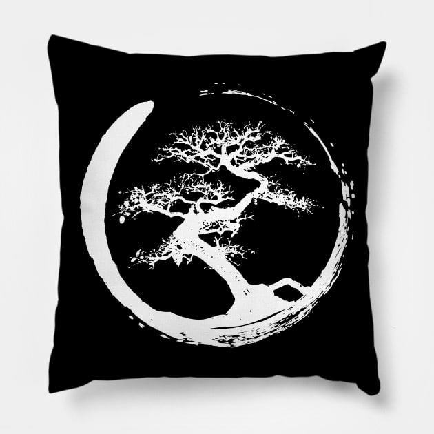 Zen Bonsai Tree in Enso Circle (white) Pillow by Elvdant