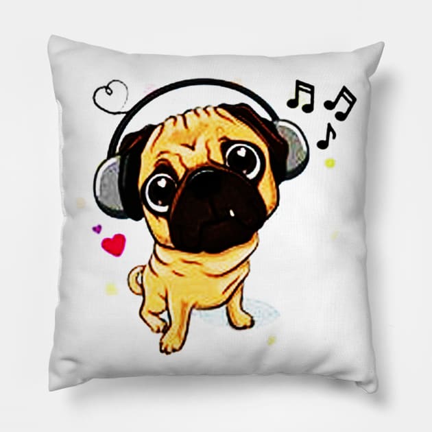 Sweet Pug Dog With Music Headphones Pillow by nicolasleonard