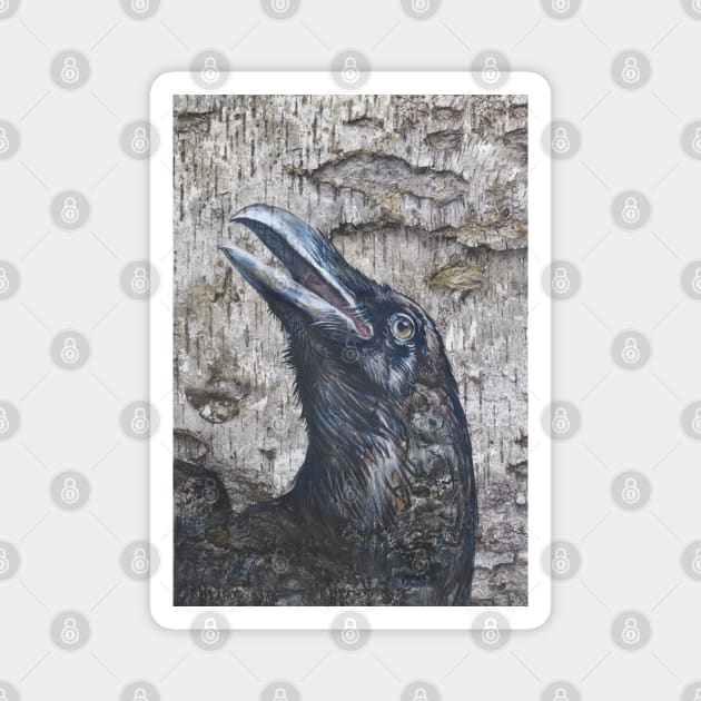 Black Raven Head Painting on Birch Bark - Gothic Bird Art Magnet by Vlad