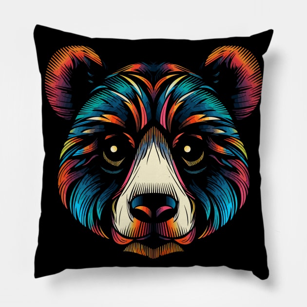 Colorful Bear Head Illustration Pillow by TeeTrendz