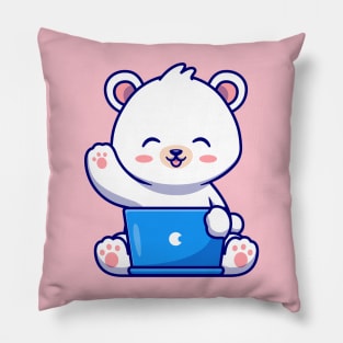 Cute Polar Bear Working On Laptop Cartoon Pillow