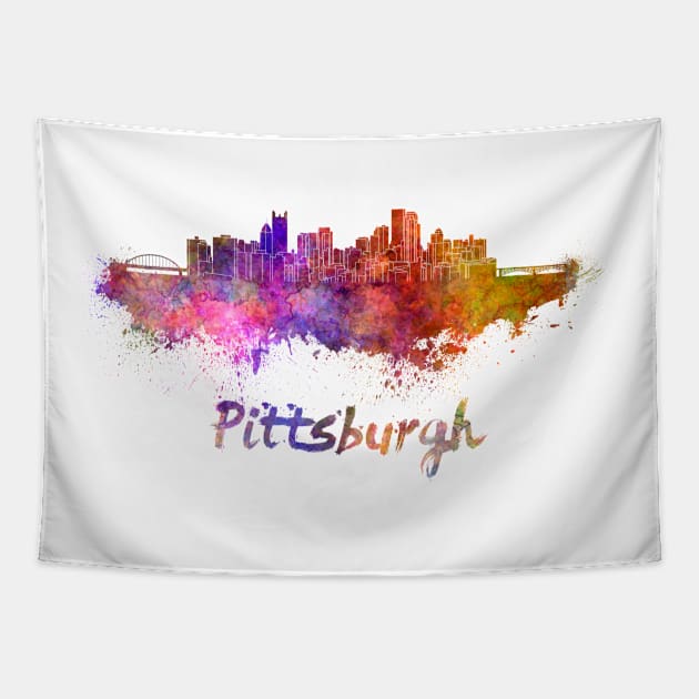 Pittsburgh skyline in watercolor Tapestry by PaulrommerArt