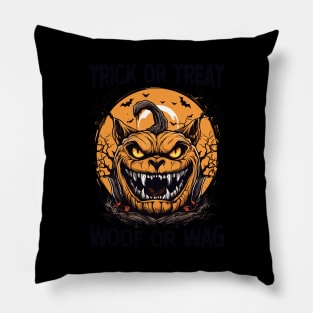 Trick or Treat Woof or Wag Funny Dog Halloween Pillow