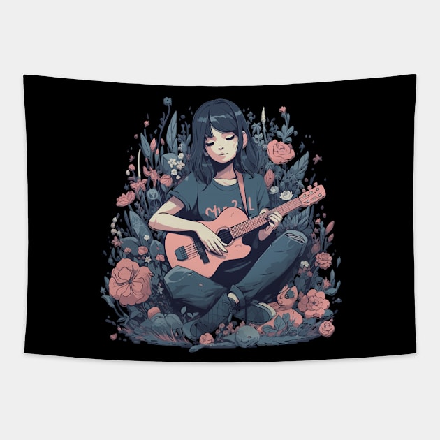 Girl in the Flowers Playing Acoustic Guitar! Tapestry by Dawn Star Designs