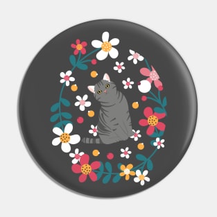 American Shorthair Cat and Flowers - Black Pin