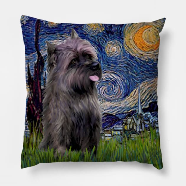 Starry Night (Van Gogh) Adapted to Feature a Brindle Cairn Terrier Pillow by Dogs Galore and More