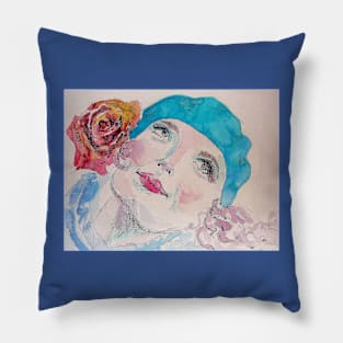 Girl with a Red Rose and Blue Beret Watercolor Pillow
