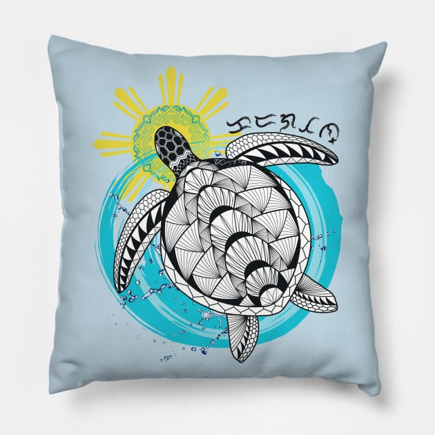 Tribal line Art Turtle / Baybayin word Karagatan Pillow by Pirma Pinas