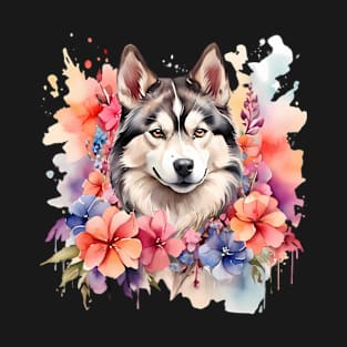 A siberian husky decorated with beautiful watercolor flowers T-Shirt