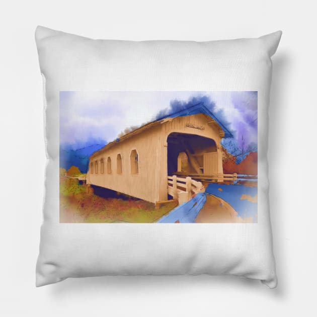 Grave Creek Covered Bridge In Watercolor Pillow by KirtTisdale