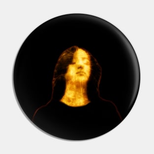 Beautiful girl, with closed eyes. Dark but beautiful. Black and yellow. Glowing. Pin