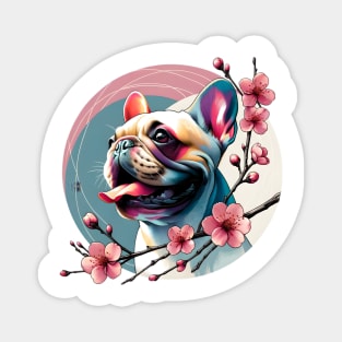 Joyful French Bulldog with Spring Cherry Blossoms Magnet