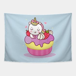 Kawaii Unicorn eating cupcake Tapestry