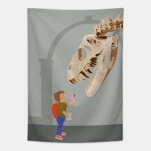 Little boy feeding museum dinosaur fossil ice cream Tapestry