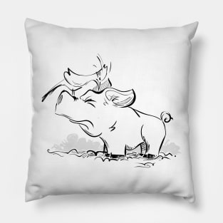 Woodpecker & Pig (black & white version) Pillow