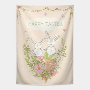 Happy Easter Bunnys 2021 - Cute Floral Easter Greetings - Whimsical Art Tapestry