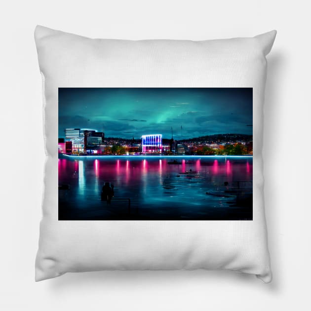 Neon Oslo City Skyline In Neon light / Oslo City silhouette Pillow by Unwind-Art-Work