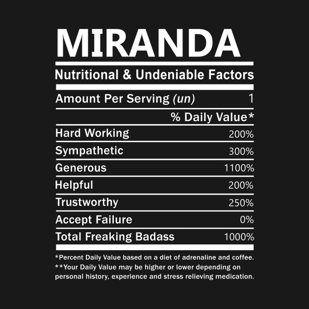 Miranda Name T Shirt - Miranda Nutritional and Undeniable Name Factors Gift Item Tee by nikitak4um