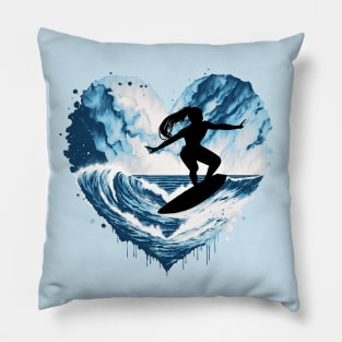 Female Surfer Watercolor, Catching Waves, ocean, Big wave, blue, sea, surf, surfer, water Pillow