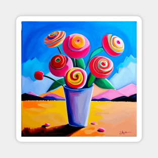 Cute Abstract Flowers in a Desert Mountain Landscape Magnet