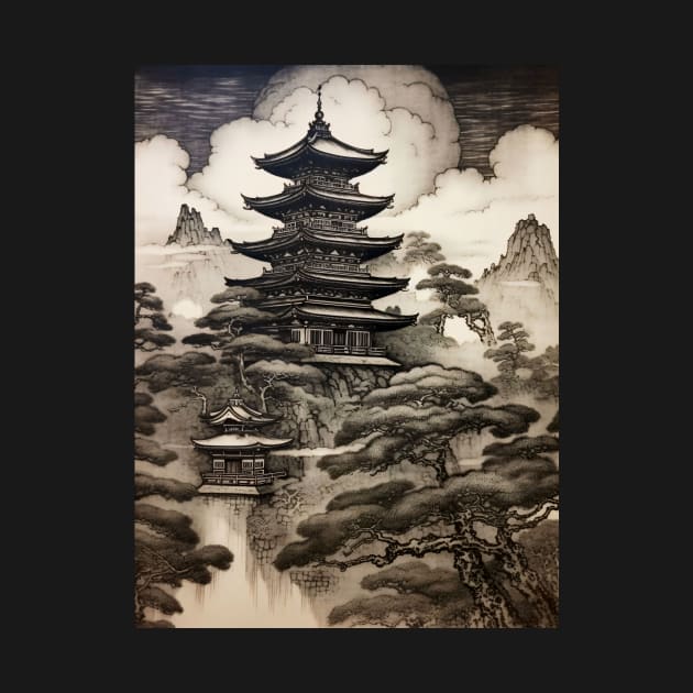 Japanese Castle Woodblock Engraving Style by entwithanaxe