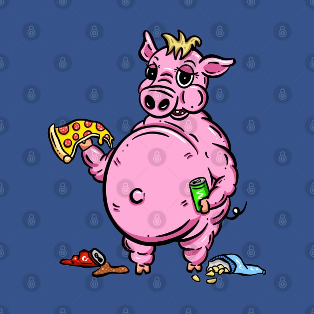 Fat Pig eating Pizza Crisps and Junk Food Logo Mascot Cartoon by Squeeb Creative