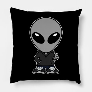 Space Alien Extraterrestrial Peace Hand Sign (Gray) Pillow