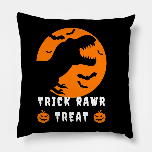 Trick Rawr Treat Halloween, Skeleton T-Rex, Bats and Pumpkins Pillow by apparel.tolove@gmail.com