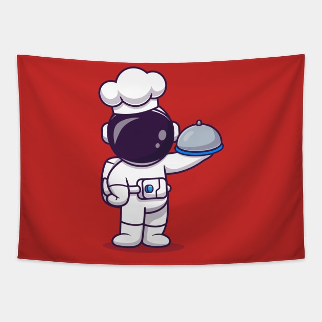 Cute Astronaut Chef Holding Cloche Food Plate Cartoon Tapestry by Catalyst Labs